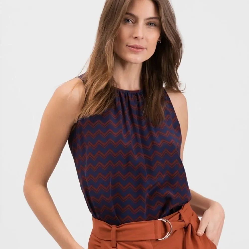 Tucker Shirred Neckline Top Holiday Chevron in Crepe de Chine Silk Blouse